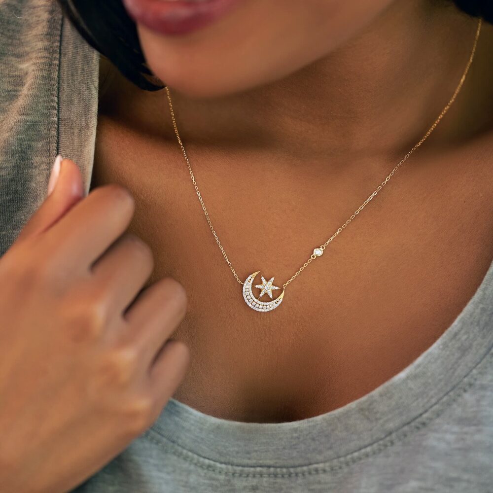 Diamond Moon and Star Necklace - Ramadan Necklace 18K Gold