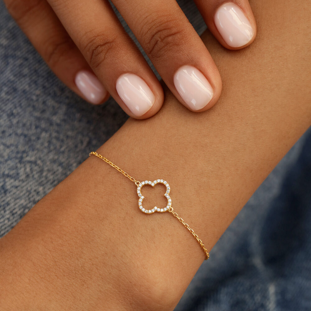Bracciale Oro Con Trifoglio Floreale E Zirconi | Latelita London | Argento 925 Placcato Oro 22k