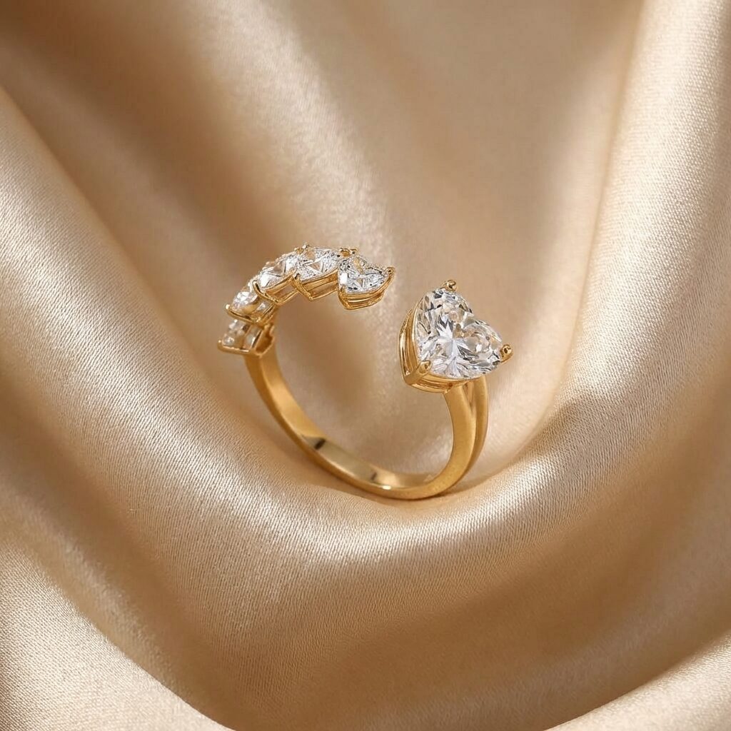 Anello Fascia Inclinata Placcato Oro Con Cuore E Pietre Laterali, Personalizzabile Con Gemme E Misure, Regalo Donna - 4